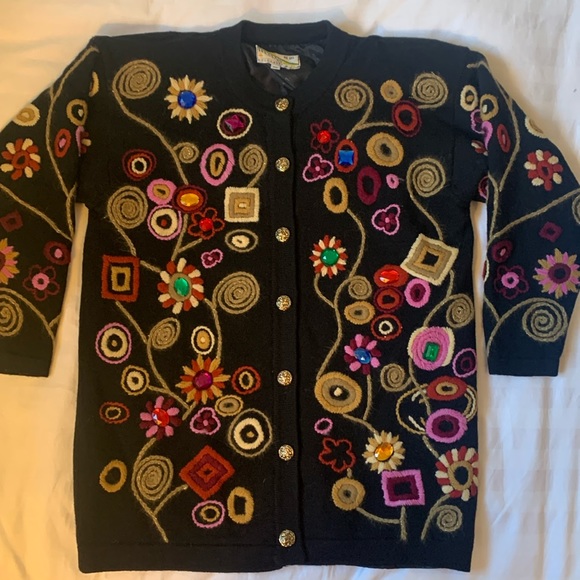 Vintage Sweaters - Vintage black fully embellished+ jewelled wool lined cardigan EUC